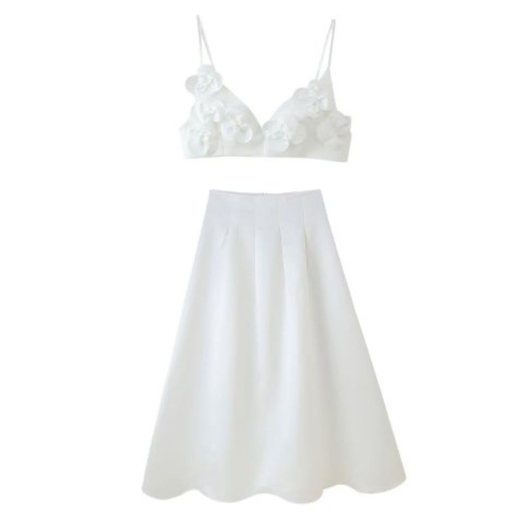 Peony Appliqué Flower Crop Top with Skirt