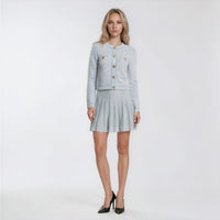 Serena Gold-Button Cardigan with Top and Pleated Skirt