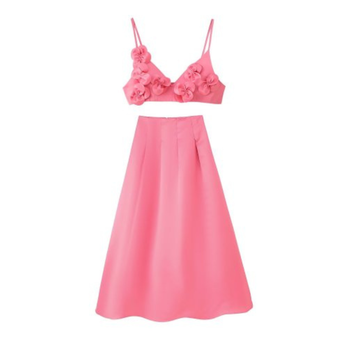 Peony Appliqué Flower Crop Top with Skirt