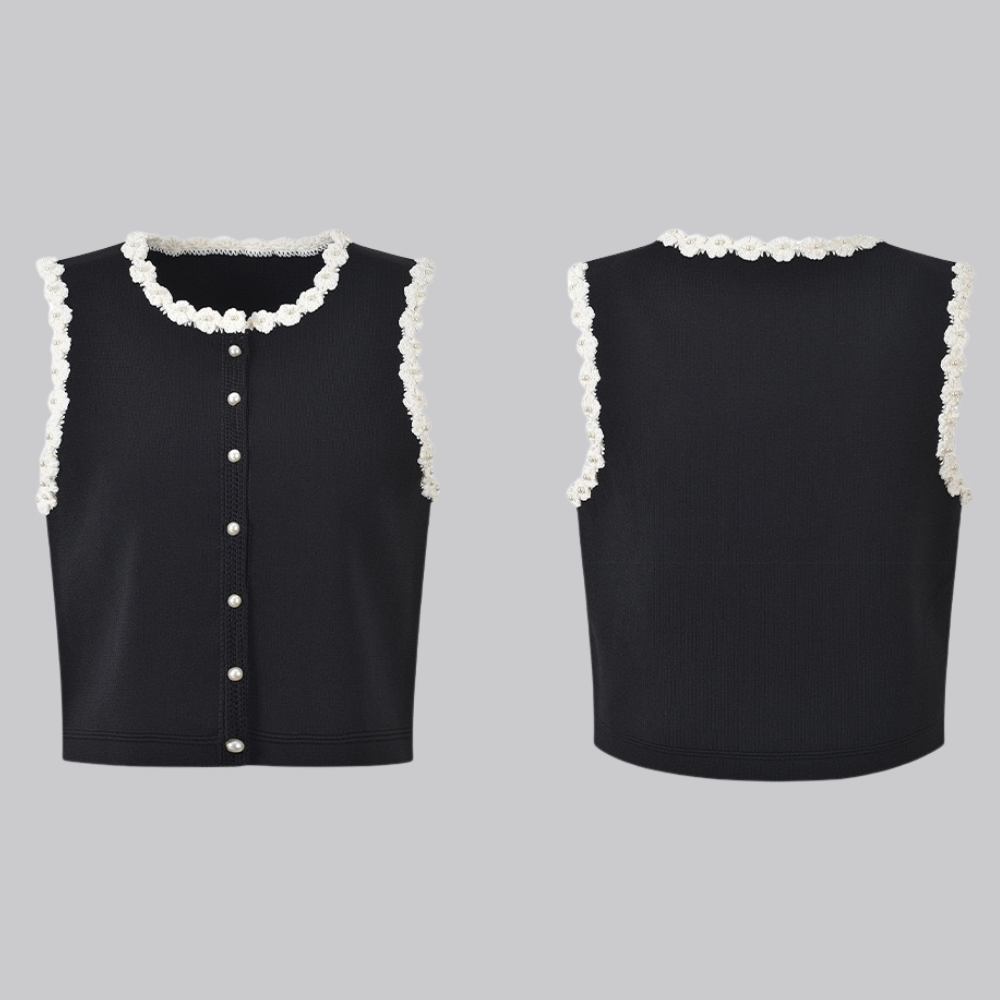 Chloe Crochet Pearl-Button Knit Vest and A-Line Skirt