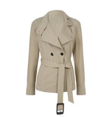 Khaki belted trench jacket with a convertible collar and straight midi pencil skirt, a tailored two-piece workwear set for women.