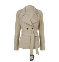 Khaki belted trench jacket with a convertible collar and straight midi pencil skirt, a tailored two-piece workwear set for women.