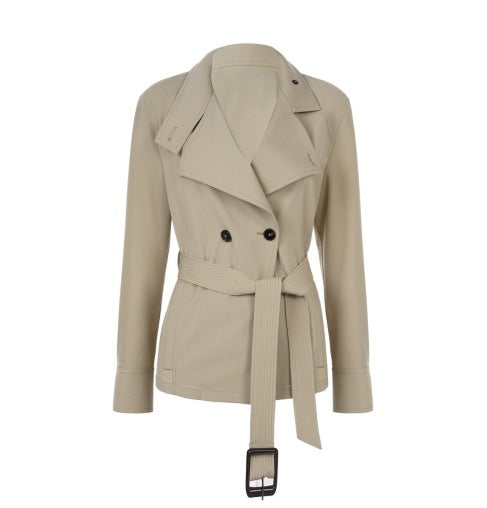 Khaki belted trench jacket with a convertible collar and straight midi pencil skirt, a tailored two-piece workwear set for women.