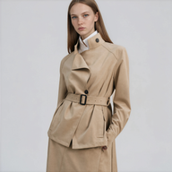 Khaki belted trench jacket with a convertible collar and straight midi pencil skirt, a tailored two-piece workwear set for women.