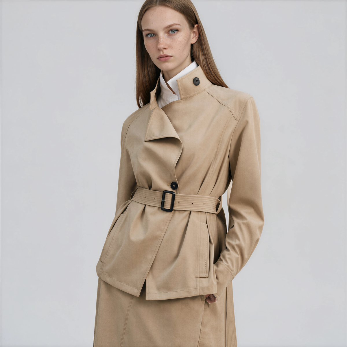 Khaki belted trench jacket with a convertible collar and straight midi pencil skirt, a tailored two-piece workwear set for women.