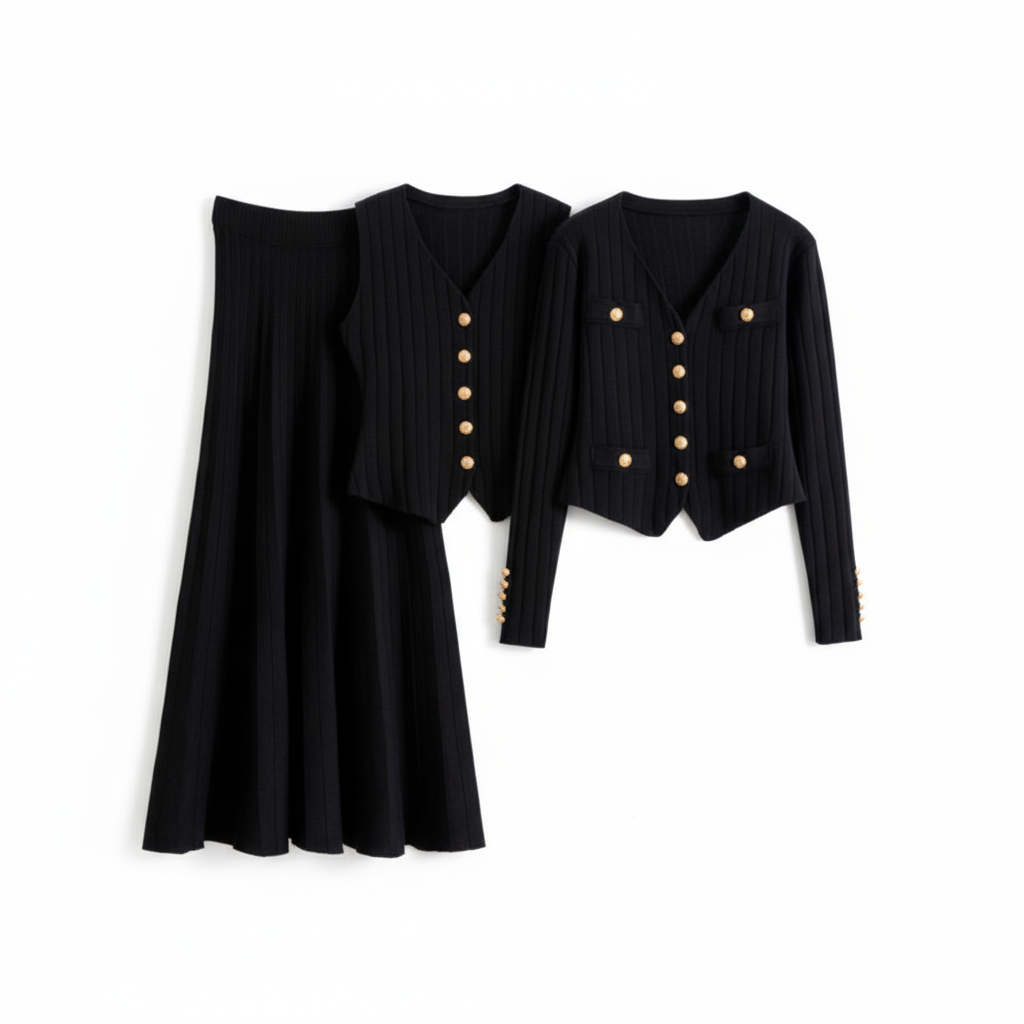 Solene Knit Cardigan and Vest with Skirt