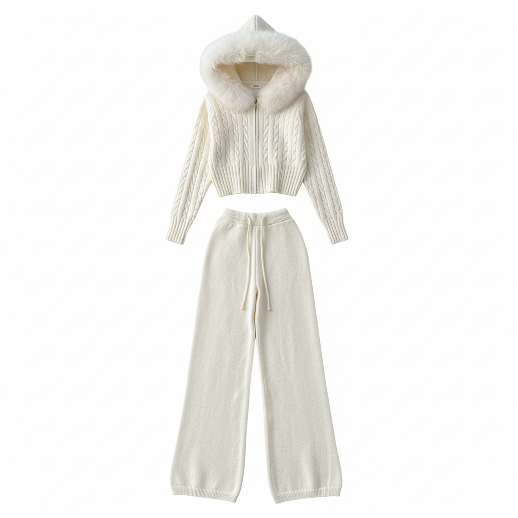 Natalie Fur Hood Knit Jacket and Pants