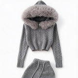 Natalie Fur Hood Knit Jacket and Pants