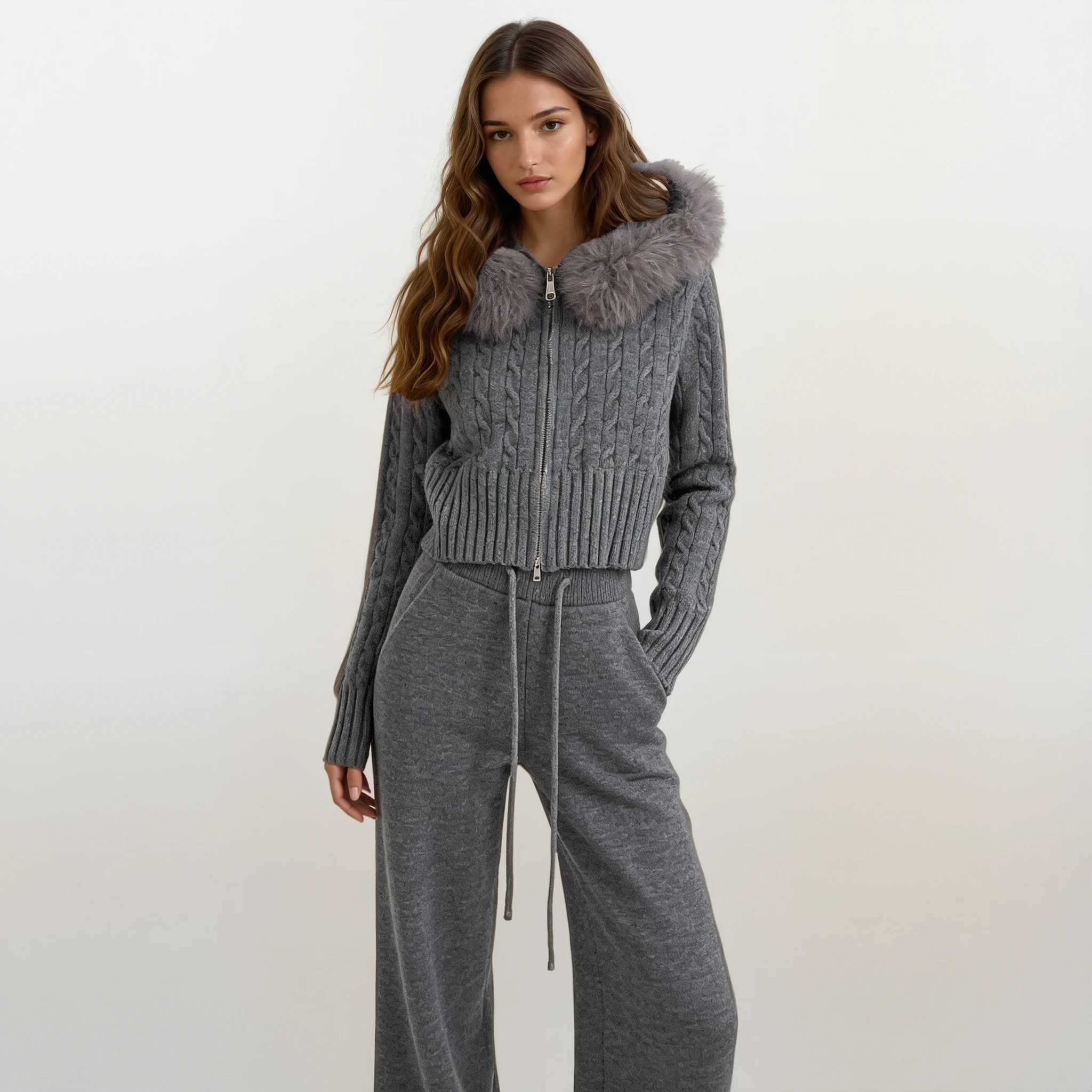 Natalie Fur Hood Knit Jacket and Pants