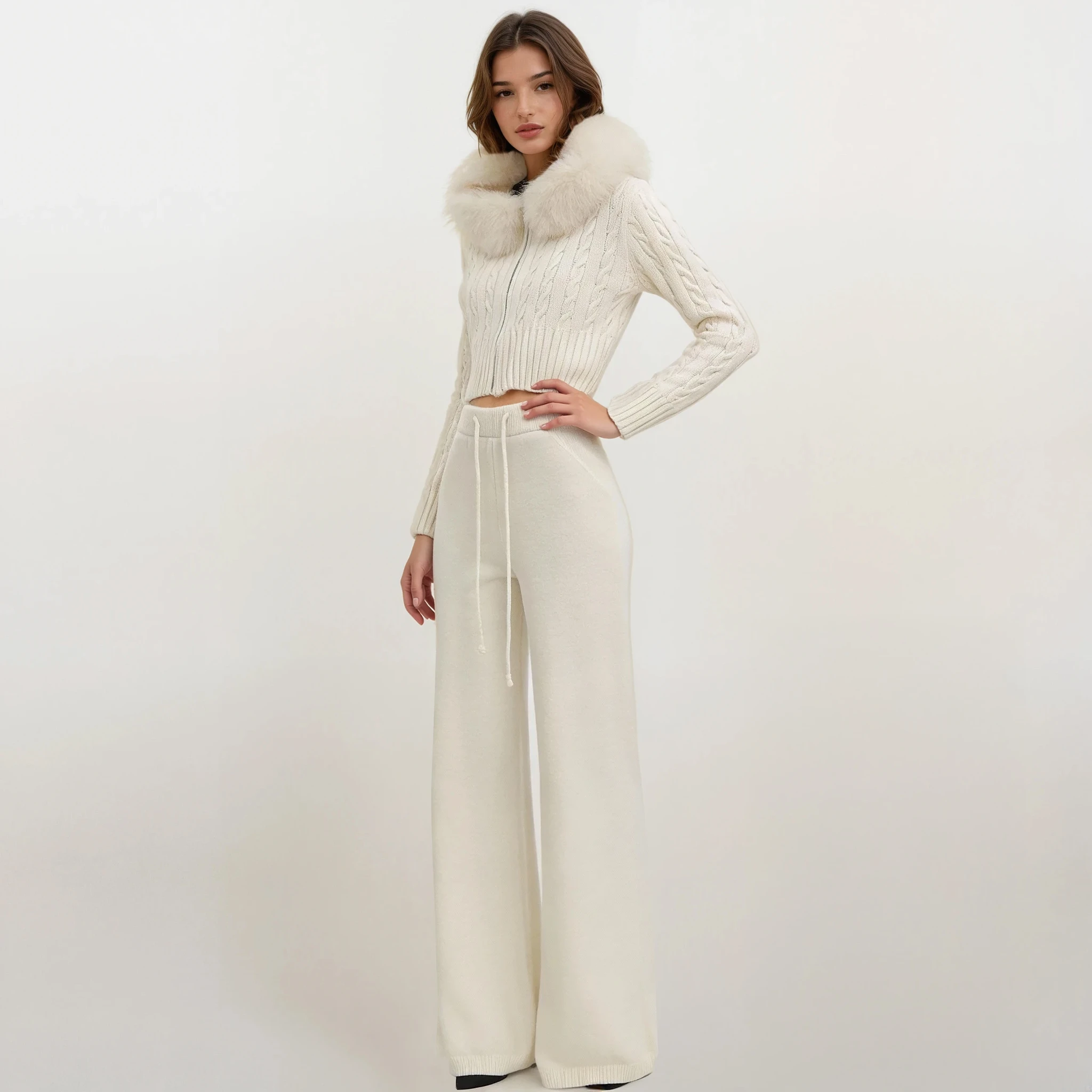 Natalie Fur Hood Knit Jacket and Pants