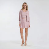 Serena Gold-Button Cardigan with Top and Pleated Skirt