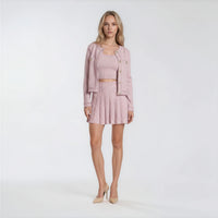Serena Gold-Button Cardigan with Top and Pleated Skirt