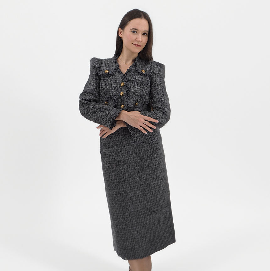 Tweed Jacket with Bronze Buttons & Skirt Set