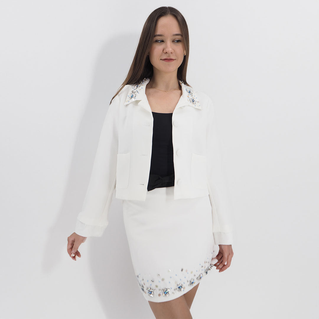 White Bejewelled Blazer & Skirt Set