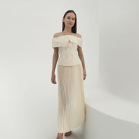 Cream Off Shoulder Top & Pleated Midi Skirt Set