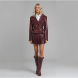 Burgundy Leather Jacket & Pleated Short Skirt Set