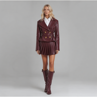 Burgundy Leather Jacket & Pleated Short Skirt Set