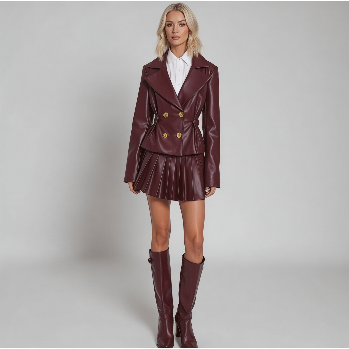 Burgundy Leather Jacket & Pleated Short Skirt Set