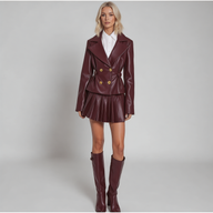 Burgundy Leather Jacket & Pleated Short Skirt Set