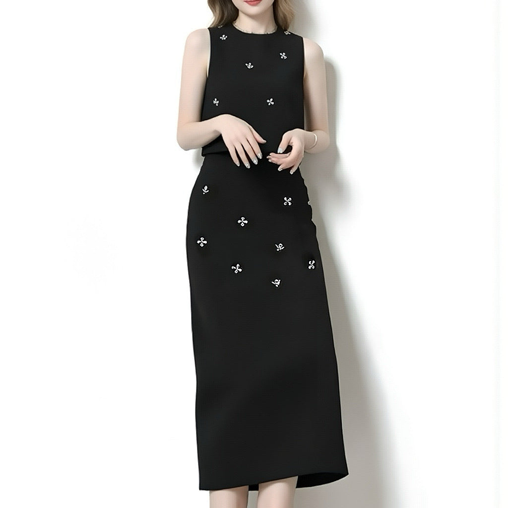 Black Bejeweled Crop Top & Long Skirt Set