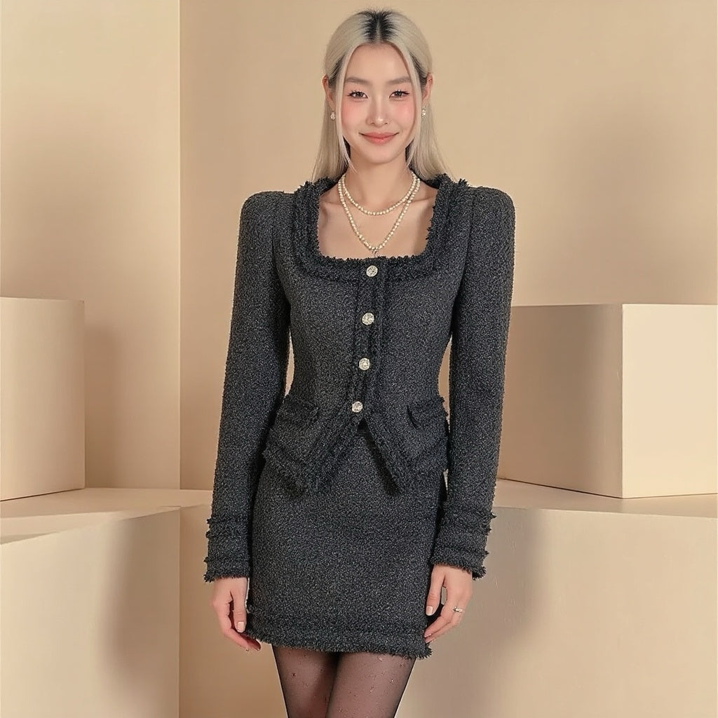 Black Glitter Tweed Jacket with Bejewelled Buttons & Skirt Set