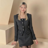 Black Glitter Tweed Jacket with Bejewelled Buttons & Skirt Set