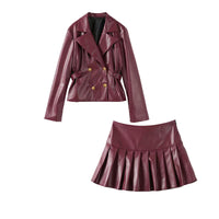 Burgundy Leather Jacket & Pleated Short Skirt Set