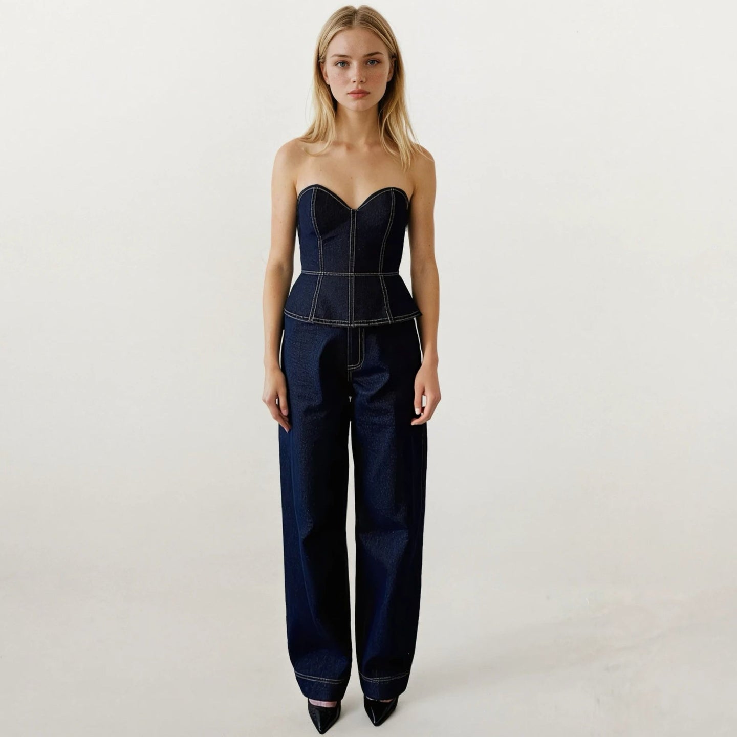 Bronte Denim Sweetheart Peplum Top with Blazer and Pants