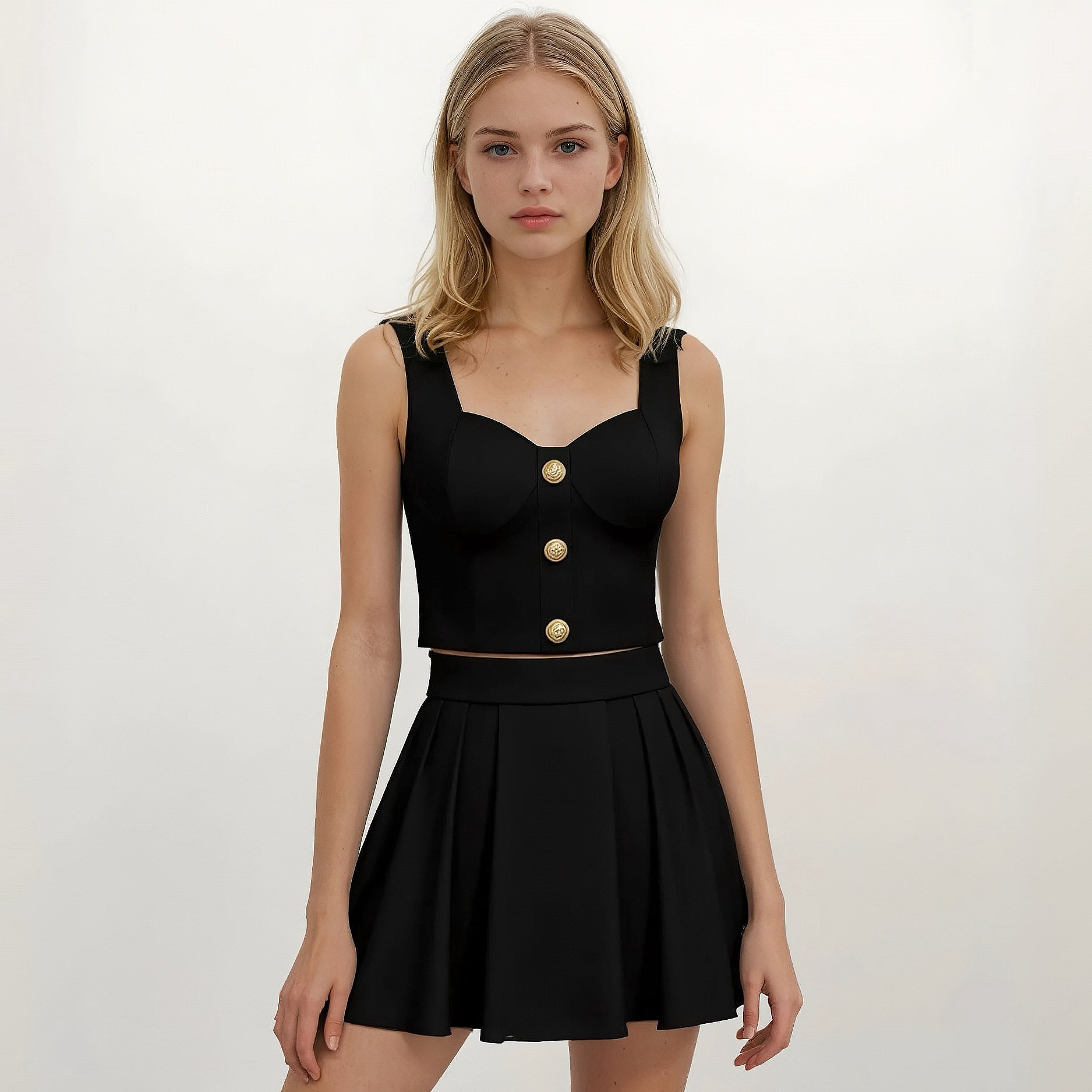 Amelie Gold Buttons Bustier Top with Skirt
