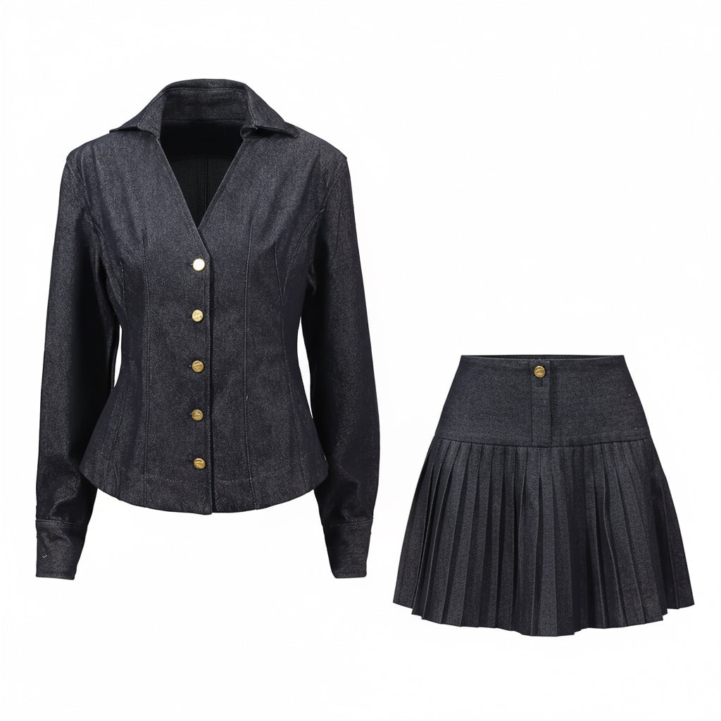 Thea Denim Shirt with Pleated Skirt