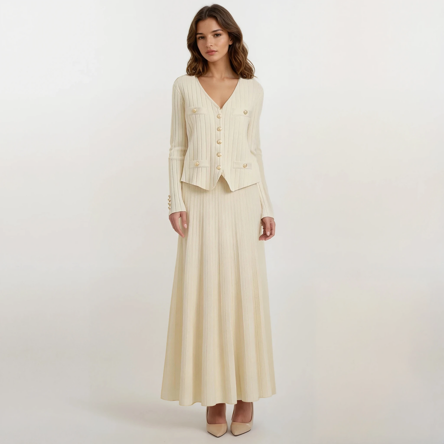 Solene Knit Cardigan and Vest with Skirt