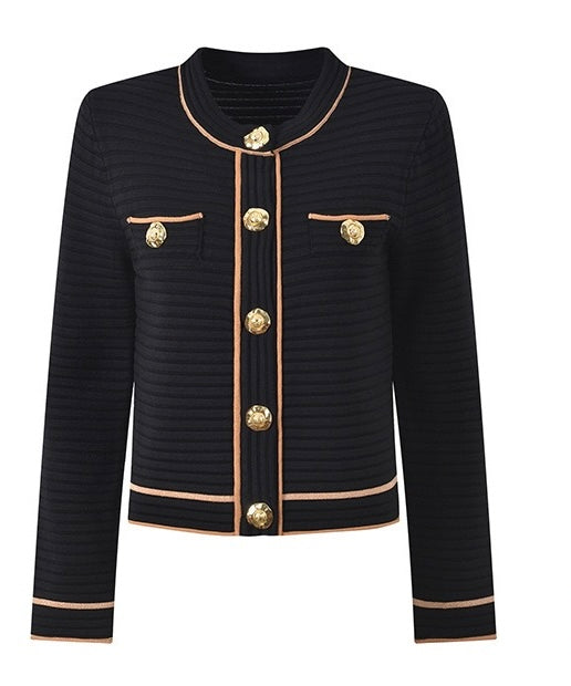 Serena Gold-Button Cardigan with Top and Pleated Skirt
