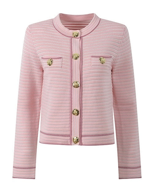 Serena Gold-Button Cardigan with Top and Pleated Skirt