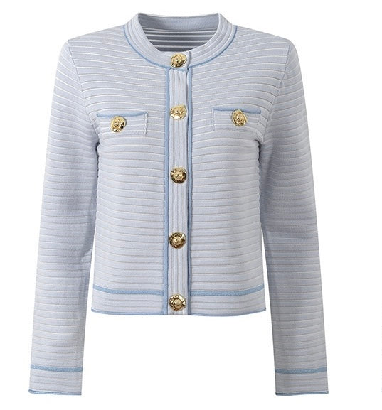Serena Gold-Button Cardigan with Top and Pleated Skirt