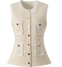 Beige sleeveless vest with button details on a white background