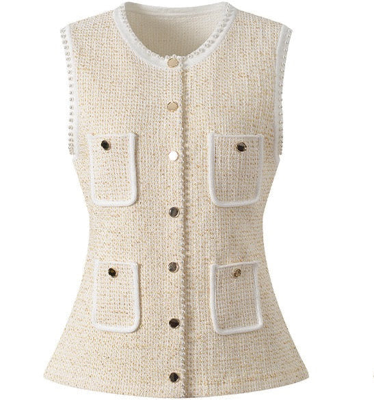 Beige sleeveless vest with button details on a white background