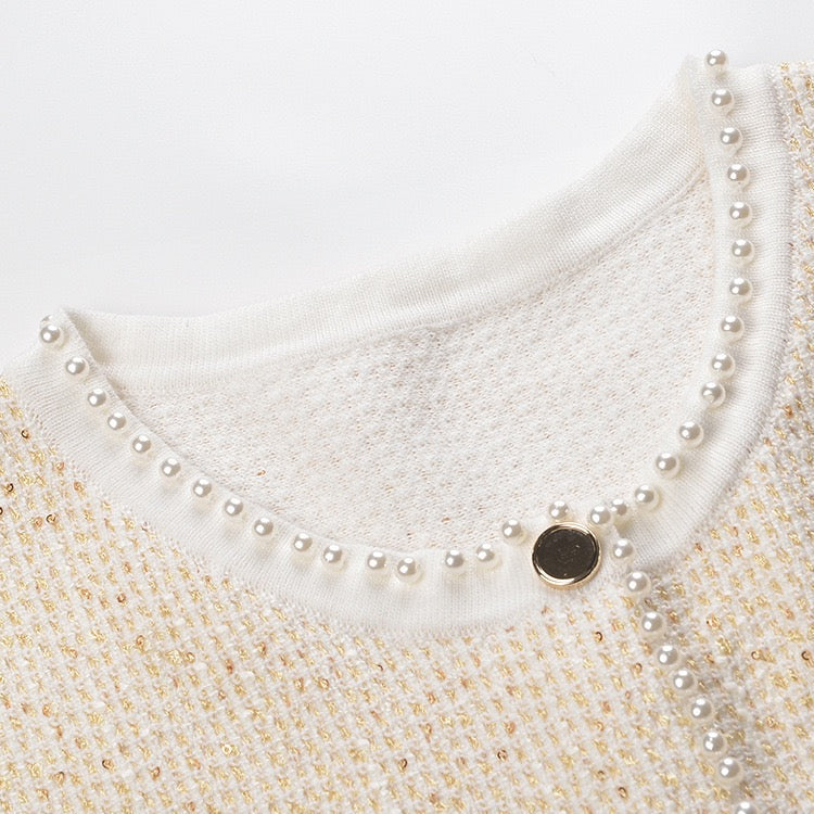 Genevieve Pearl Tweed Sleeveless Vest and Pleated Skirt