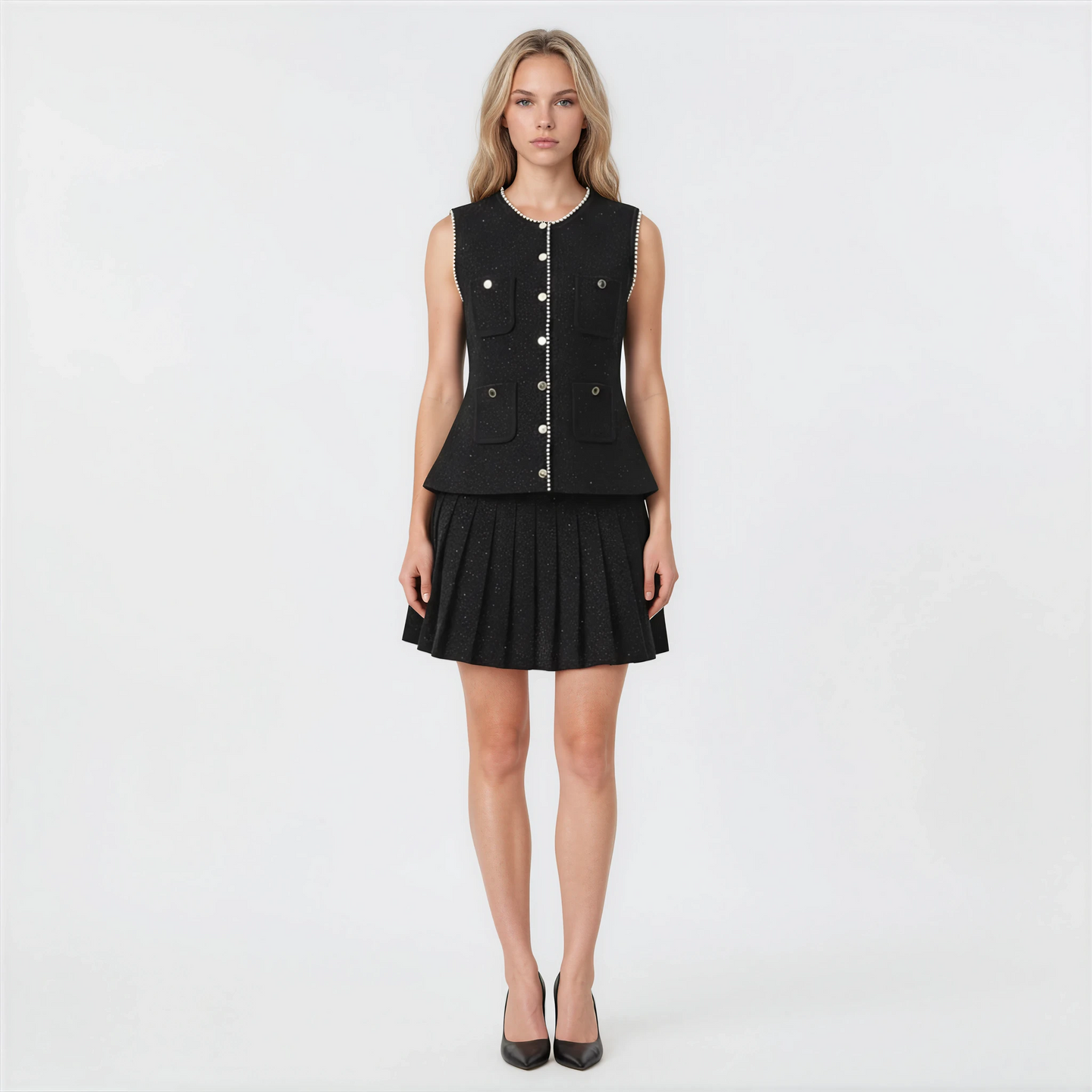 Genevieve Pearl Tweed Sleeveless Vest and Pleated Skirt