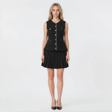 Genevieve Pearl Tweed Sleeveless Vest and Pleated Skirt