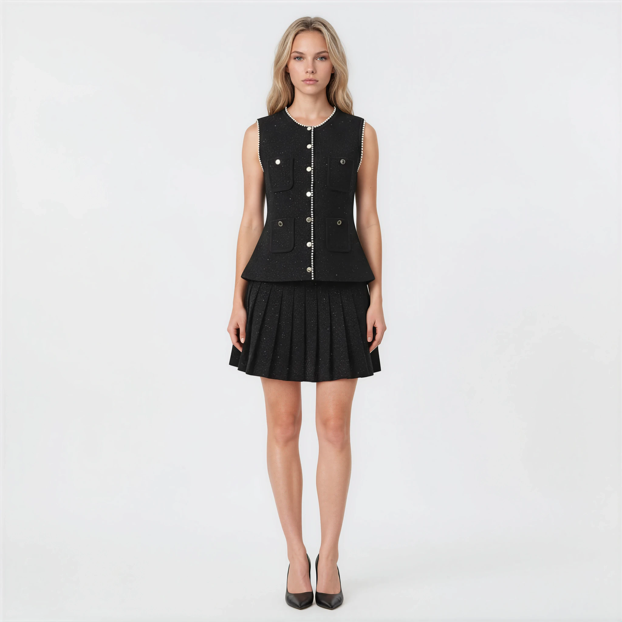 Genevieve Pearl Tweed Sleeveless Vest and Pleated Skirt