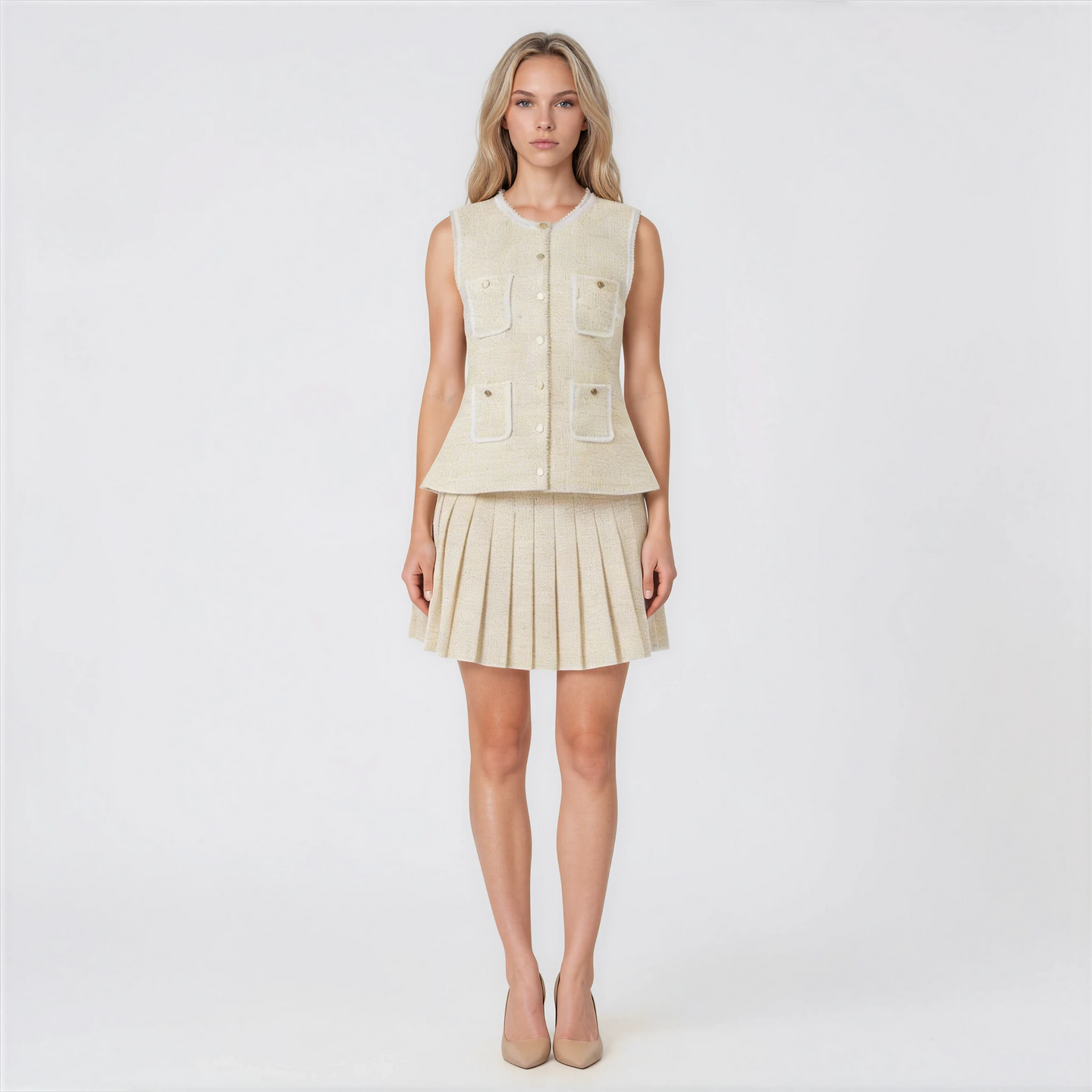 Genevieve Pearl Tweed Sleeveless Vest and Pleated Skirt