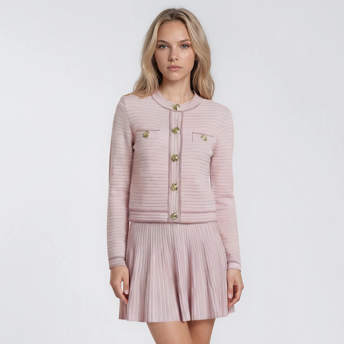 Serena Gold-Button Cardigan with Top and Pleated Skirt