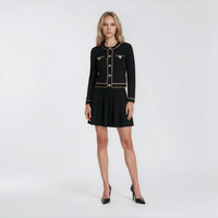Serena Gold-Button Cardigan with Top and Pleated Skirt