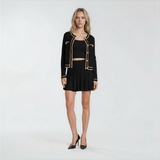 Serena Gold-Button Cardigan with Top and Pleated Skirt