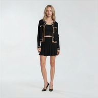 Serena Gold-Button Cardigan with Top and Pleated Skirt