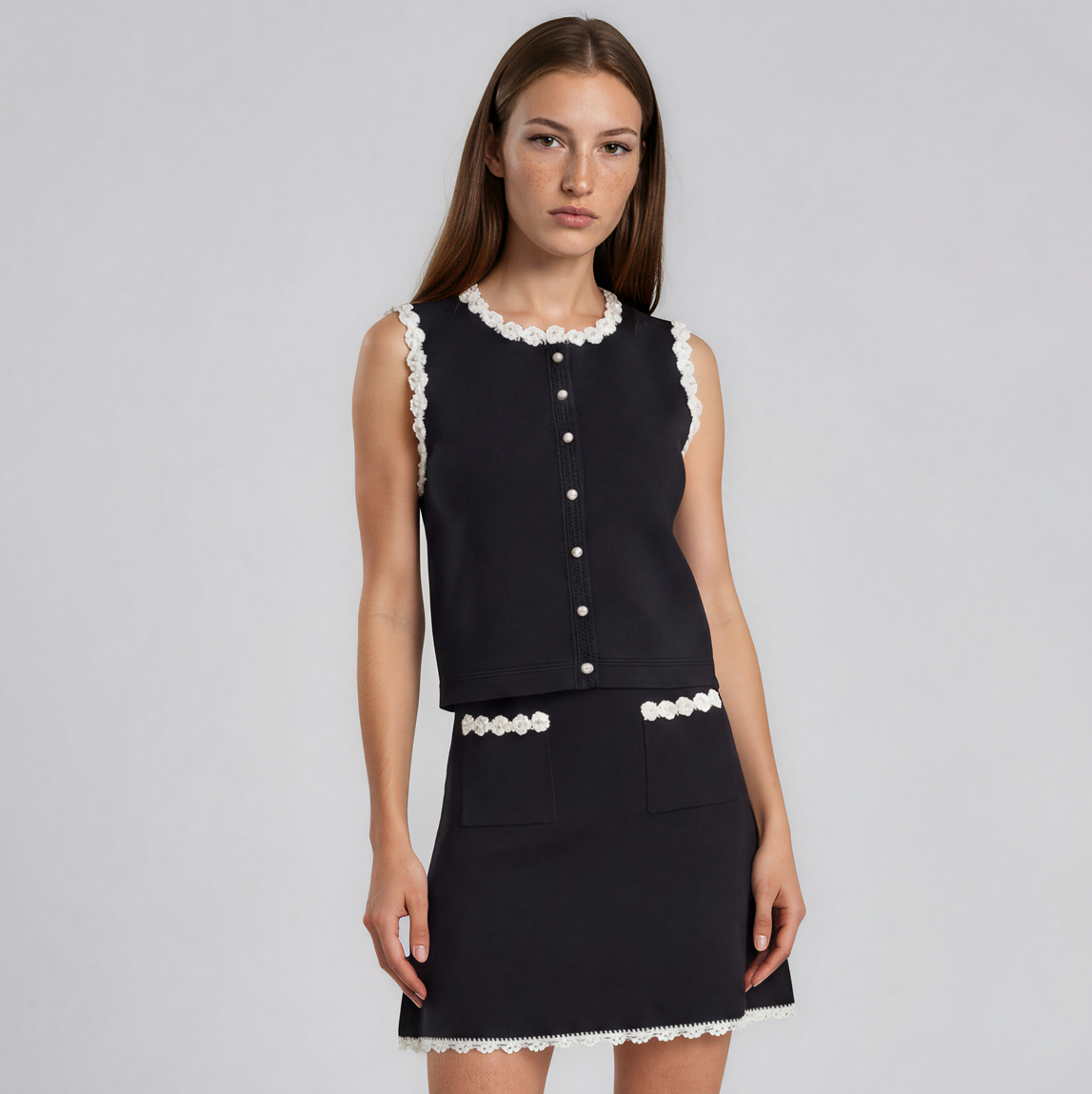 Chloe Crochet Pearl-Button Knit Vest and A-Line Skirt