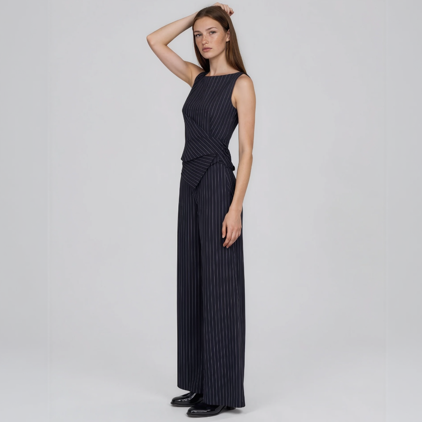 Sloane Navy Pinstripe Wrap Top and Wide-Leg Trousers