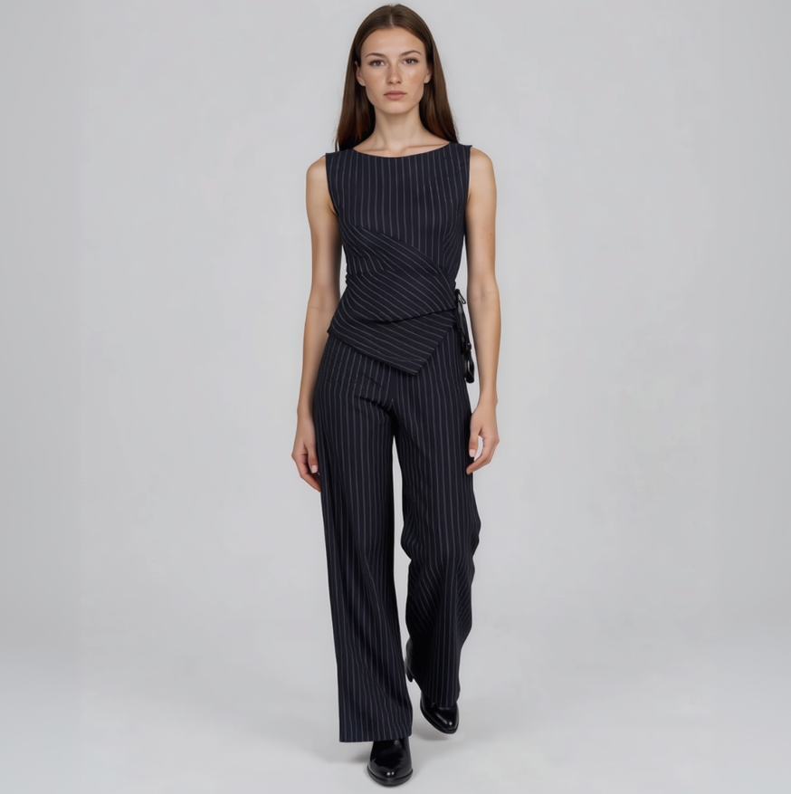 Sloane Navy Pinstripe Wrap Top and Wide-Leg Trousers