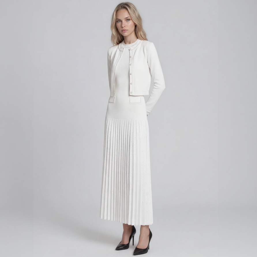Olivia Pearl Cardigan and Pleated Maxi Dress