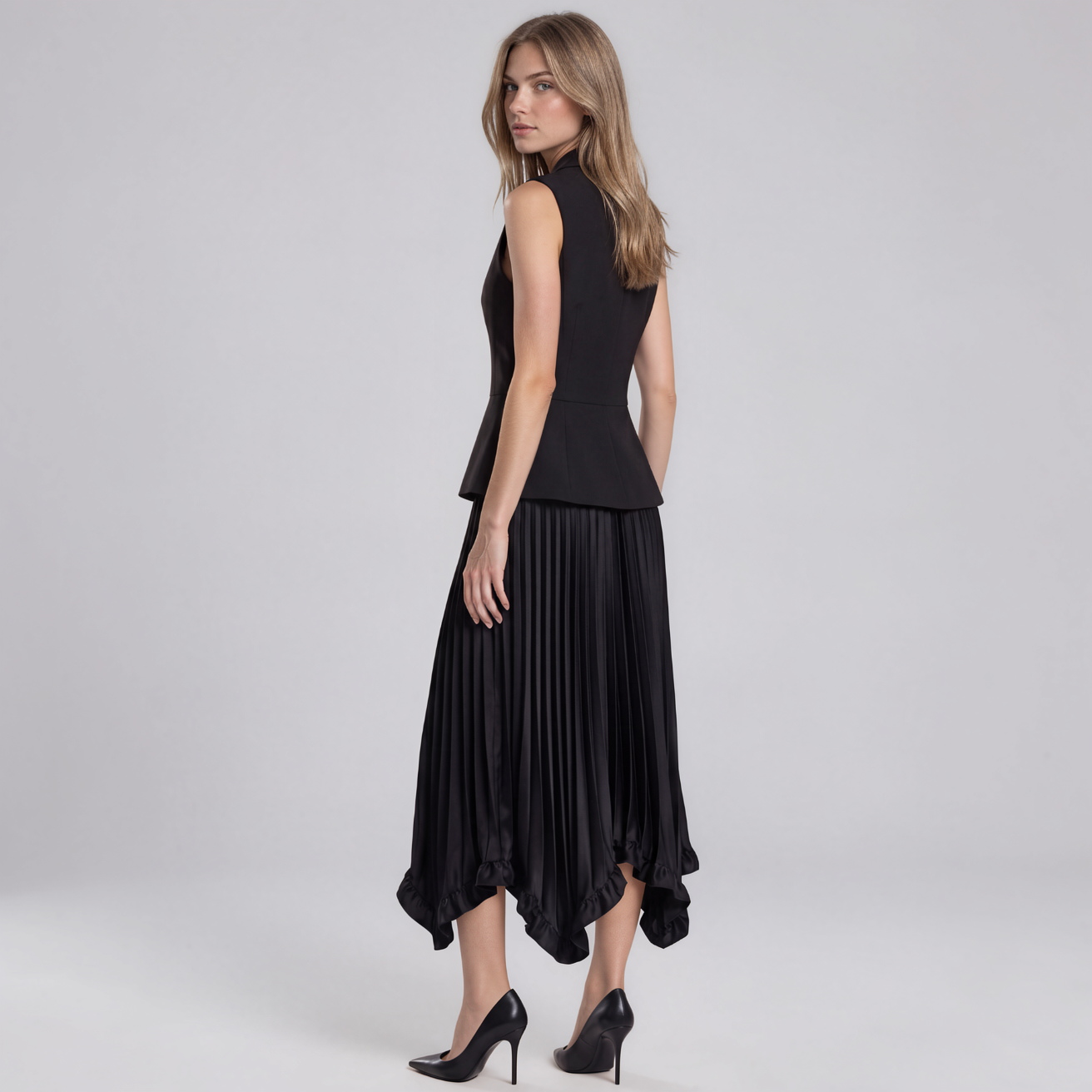 Paige Collared Vest and Pleated Midi Skirt